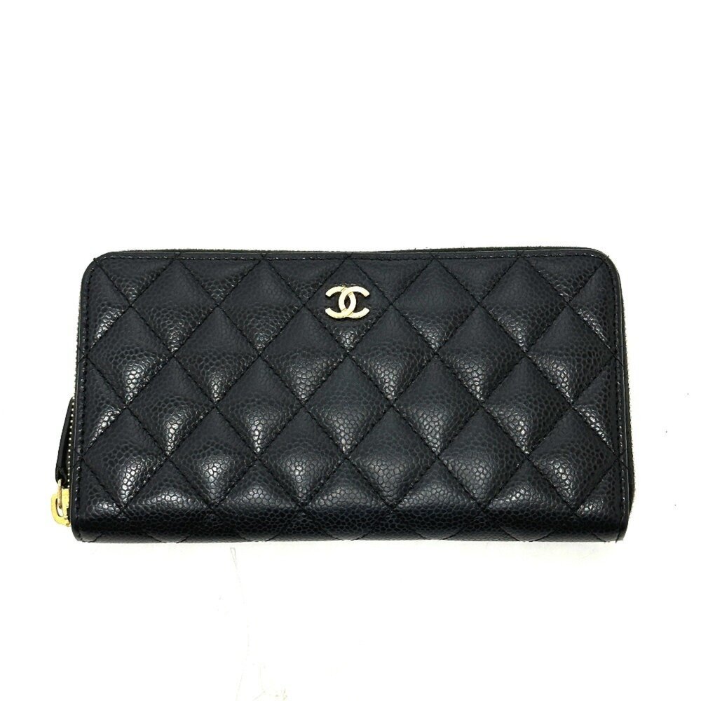 CHANEL Authentic Black Caviar Leather Logo Wallet
